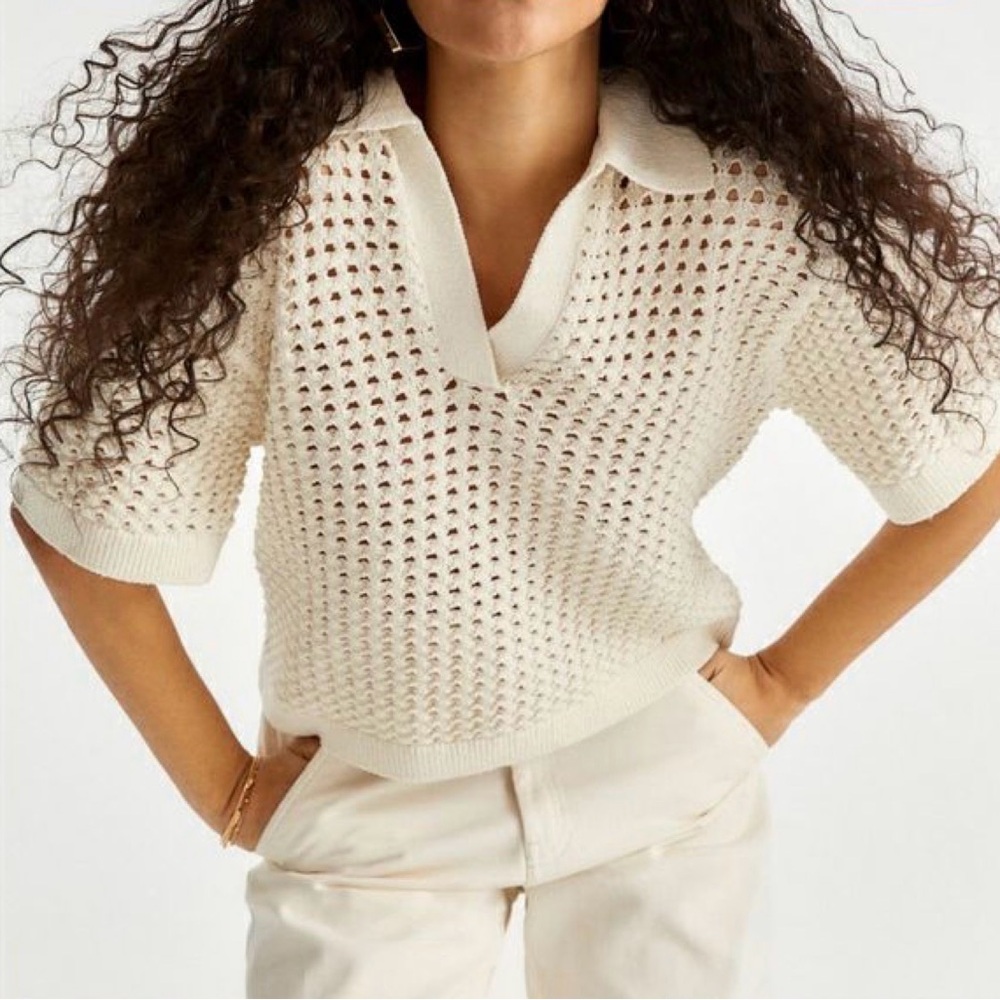 H&M Pointelle Knit Polo Sweater Top Cream Short Sleeve Size XS